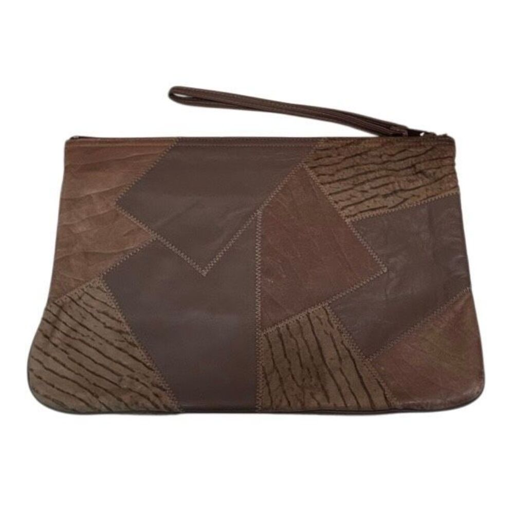 Vintage 80s 90s Clutch Wristlet Pouch Women's Brown Leather Patchwork Textured